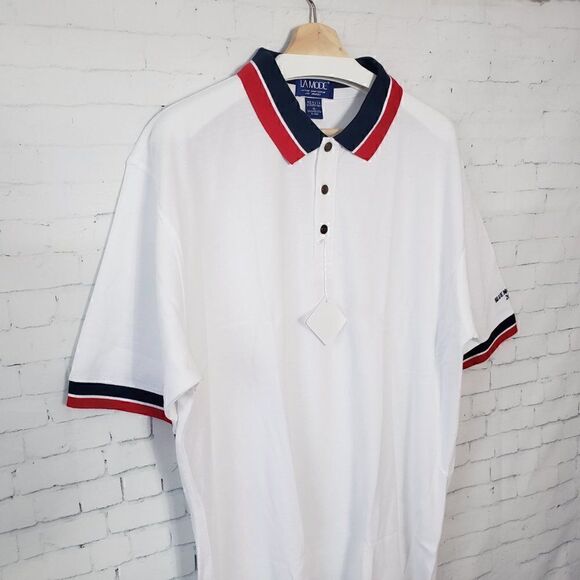 La Mode VTG Golf Polo Size XL Deadstock White Red Blue Collar Blue Mountain 2000 - Picture 3 of 7